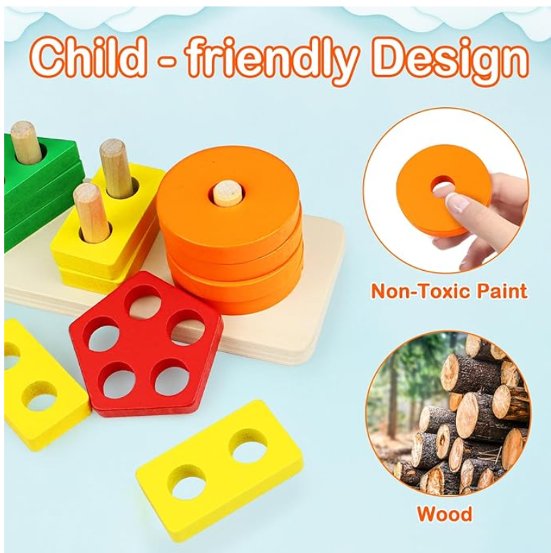 Montessori Wooden Sorting & Stacking Toys for Toddlers 1-3 Years Old