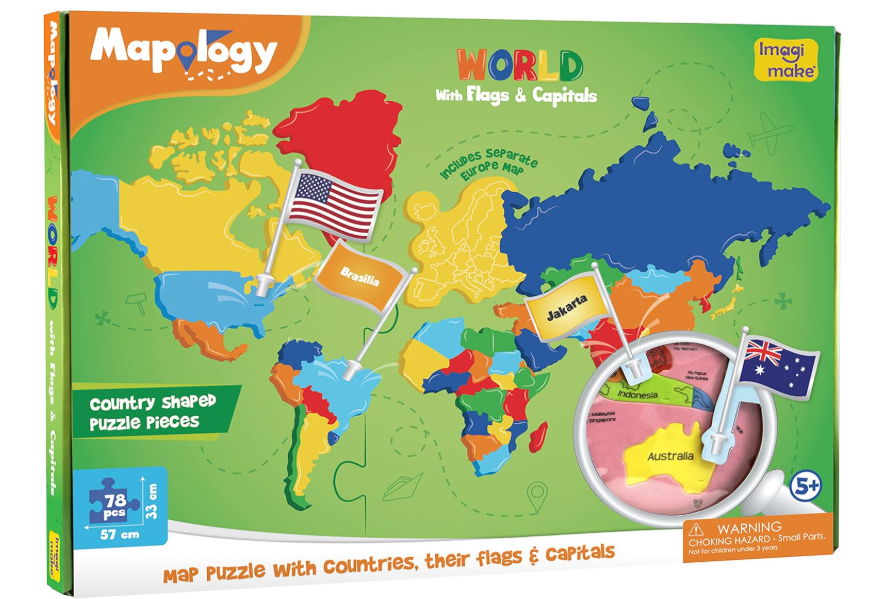 Imagimake Mapology World Map Puzzle – Country Shapes, Flags & Capitals, Ages 5+