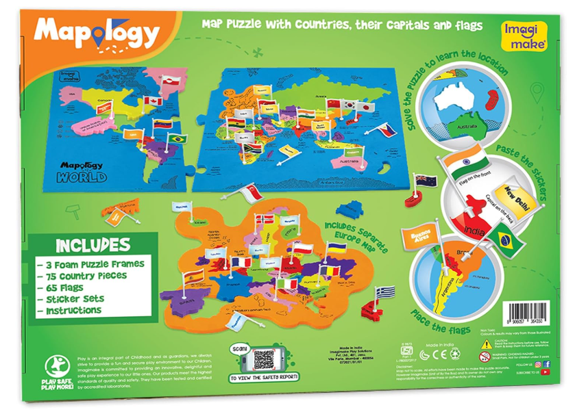 Imagimake Mapology World Map Puzzle – Country Shapes, Flags & Capitals, Ages 5+