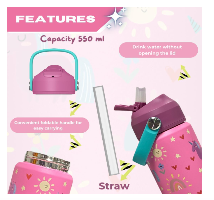 Lullaby Land 550ml Stainless Steel Kids Water Bottle – Unicorn Pink, BPA-Free