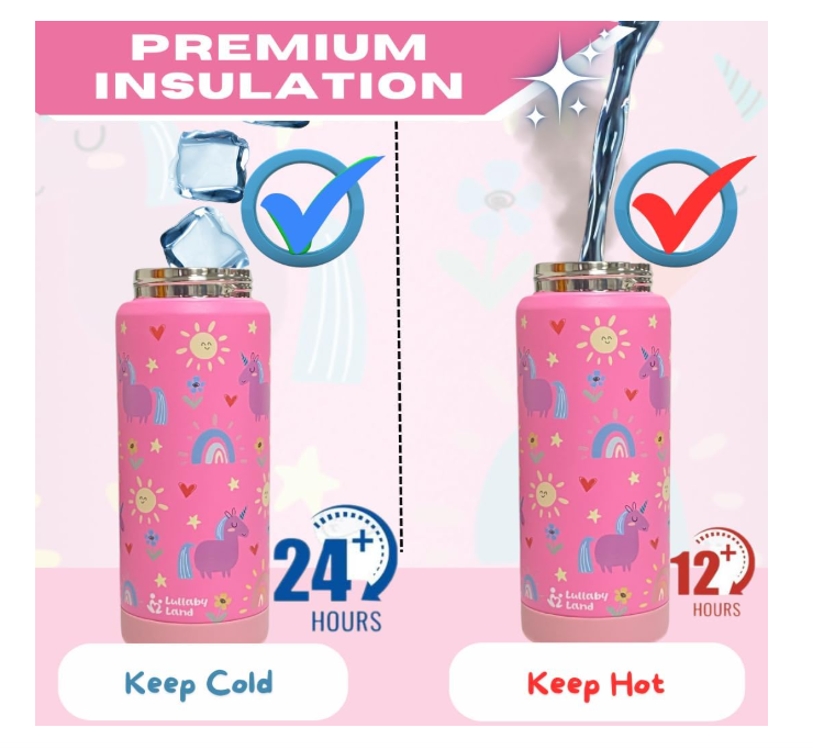Lullaby Land 550ml Stainless Steel Kids Water Bottle – Unicorn Pink, BPA-Free