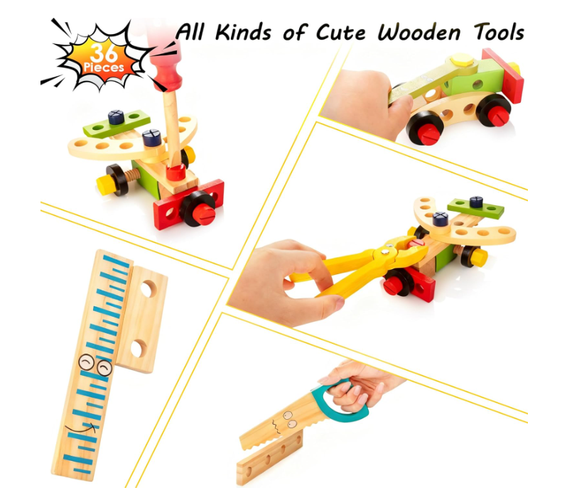 KIDWILL Wooden Tool Kit for Kids (33-Piece Set)