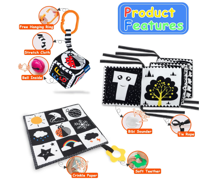 **KUANGO High-Contrast Baby Toys Set – 3-Piece Montessori Sensory Books for Newborns**