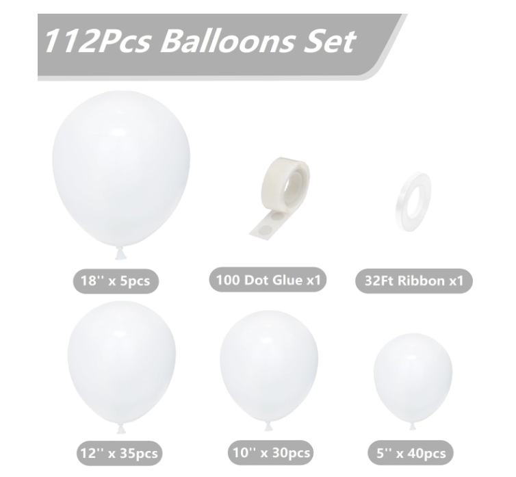 **White Balloon Garland Arch Kit – 110 PCS Latex Balloons in Various Sizes for Party Decorations**