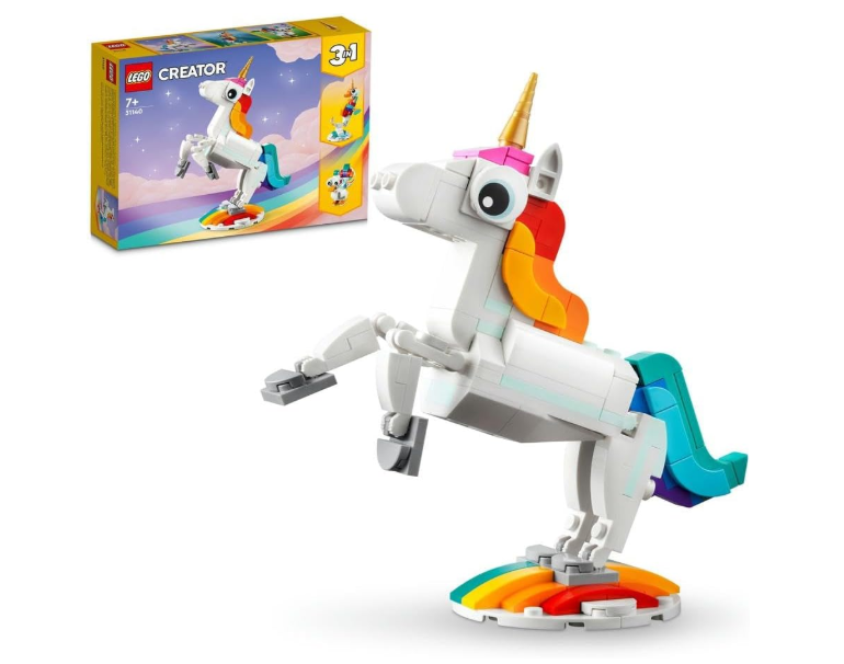 LEGO 31140 Creator 3 in 1 Magical Unicorn Toy to Seahorse to Peacock, Rainbow Animal Figures, Unicorn Gift for Girls and Boys, Buildable Toys