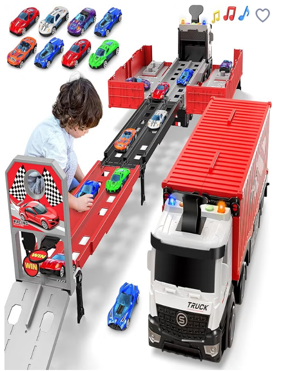Race Car Track Toy Truck Toy with Slots & Foldable Race Tracks Transport Car Carrier Toy for Toddlers Cars Toy Set Container Truck Toy with 8 Alloy Cars Vehicles Toy Set for 3+ Kids Boys Girls