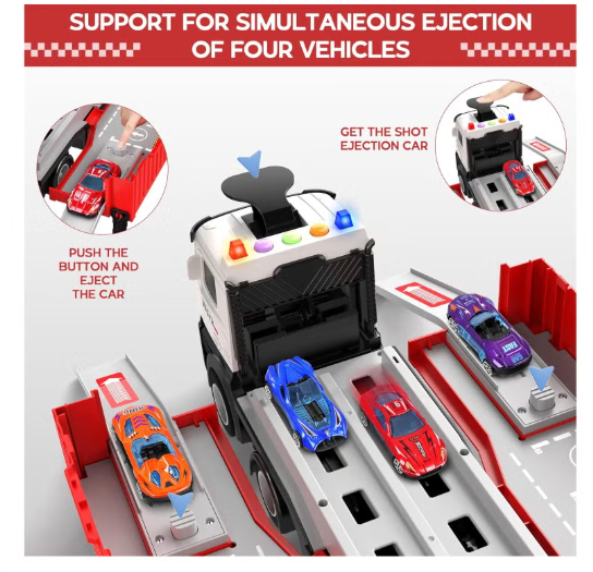 Race Car Track Toy Truck Toy with Slots & Foldable Race Tracks Transport Car Carrier Toy for Toddlers Cars Toy Set Container Truck Toy with 8 Alloy Cars Vehicles Toy Set for 3+ Kids Boys Girls