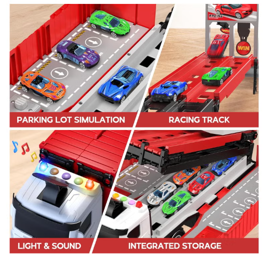Race Car Track Toy Truck Toy with Slots & Foldable Race Tracks Transport Car Carrier Toy for Toddlers Cars Toy Set Container Truck Toy with 8 Alloy Cars Vehicles Toy Set for 3+ Kids Boys Girls