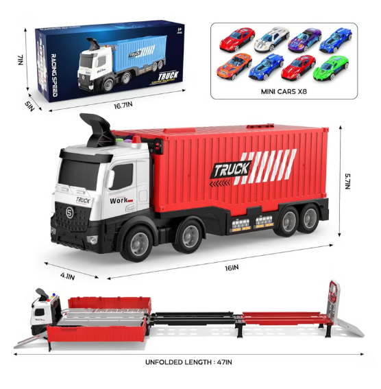 Race Car Track Toy Truck Toy with Slots & Foldable Race Tracks Transport Car Carrier Toy for Toddlers Cars Toy Set Container Truck Toy with 8 Alloy Cars Vehicles Toy Set for 3+ Kids Boys Girls