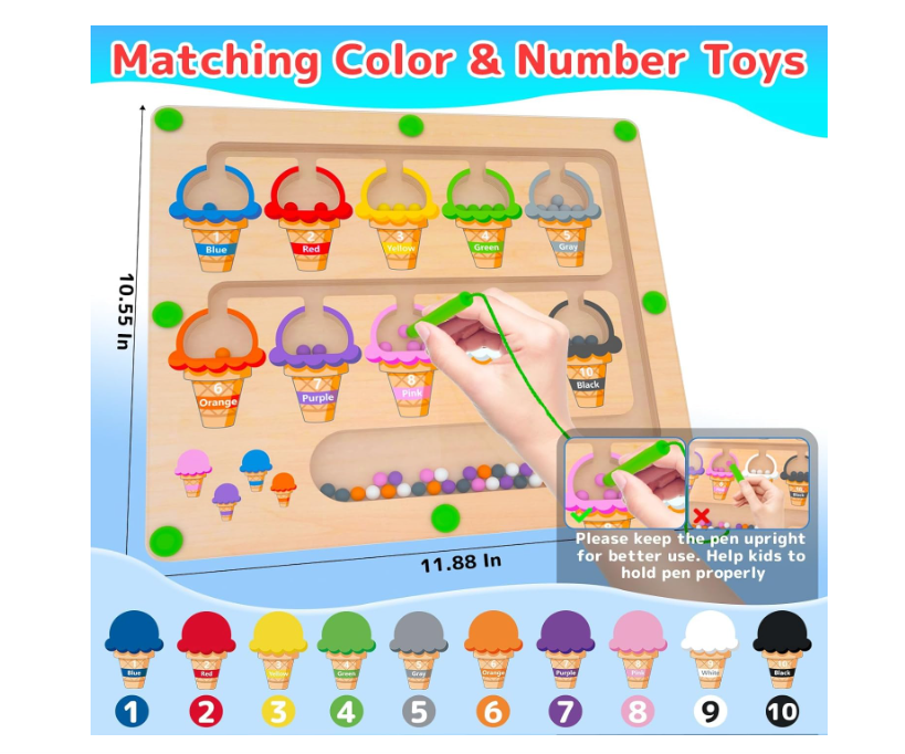 Magnetic Color & Number Maze - Montessori Wooden Color Matching Learning Counting Puzzle Board - Toddler Fine Motor Skills Toys for Boys Girls 3 4 5 Years Old