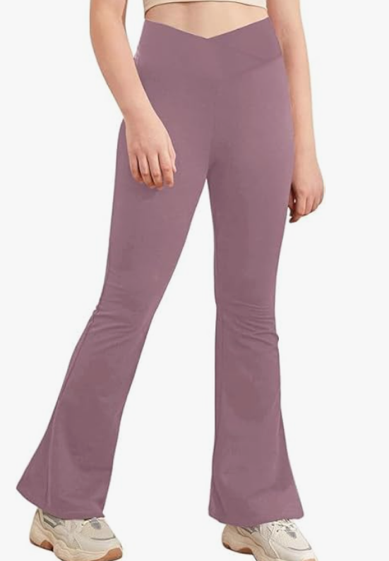 Haloumoning Girl's Leggings Cross High Waisted Flare Pants Yoga Bootcut Pants Solid Color Full Length Bell Bottoms