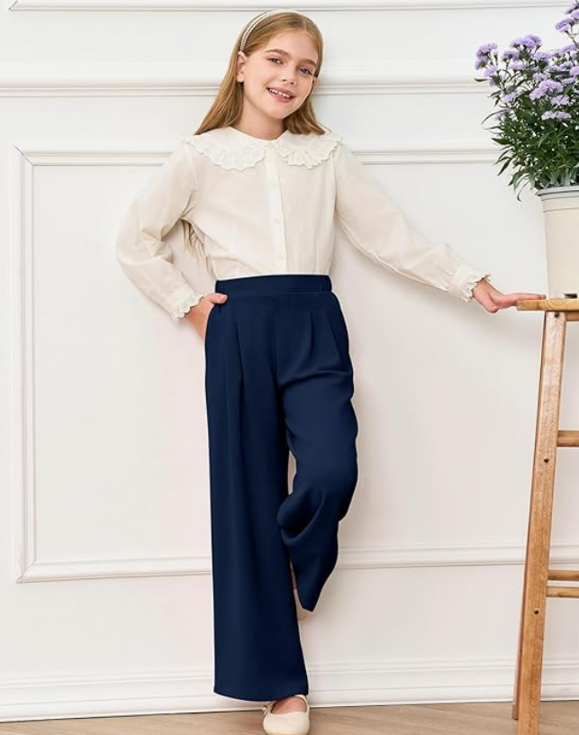 Haloumoning Girls High Waisted Uniform Pants Kids Wide Leg Dress Pants Casual Trousers with Pockets 5-14 Years