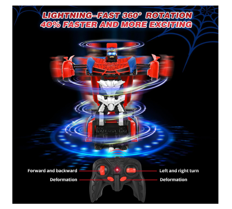 Spider Transform RC Cars Toys with Eye & Underbody Lights, 2.4GHz Remote Control Car One-Button Deformation, Fast 360°Rotation Robot Toys Birthday Gifts for 3 4 5 6 7 8 9 10 Year Old Boys Age 4-7 8-12