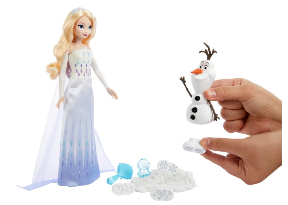 Mattel Disney Frozen Elsa Fashion Doll & Sand Set with Olaf Figure, Moldable “Snow” Sand & 4 Stampers, Elsa & Olaf Adventures, Inspired by Disney Movie