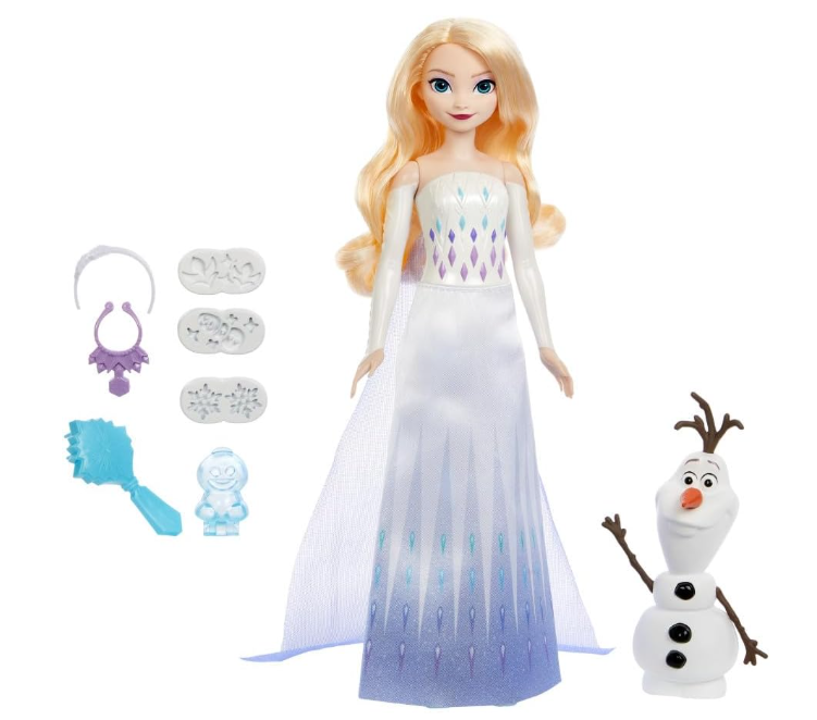 Mattel Disney Frozen Elsa Fashion Doll & Sand Set with Olaf Figure, Moldable “Snow” Sand & 4 Stampers, Elsa & Olaf Adventures, Inspired by Disney Movie