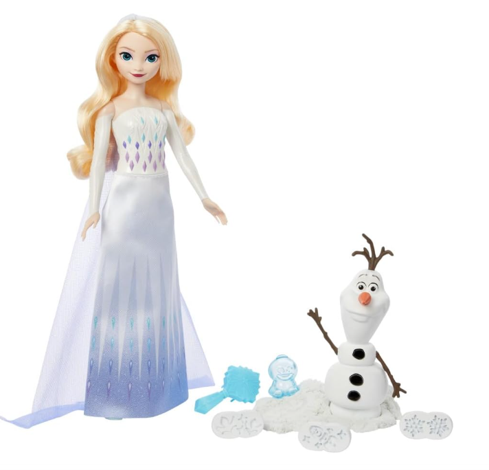 Mattel Disney Frozen Elsa Fashion Doll & Sand Set with Olaf Figure, Moldable “Snow” Sand & 4 Stampers, Elsa & Olaf Adventures, Inspired by Disney Movie