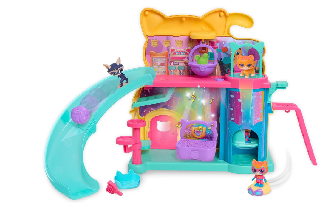 ust Play Disney Junior SuperKitties Purr ‘N’ Play Playset and Figures, 12-pieces, Lights and Sounds, Kids Toys for Ages 3 Up