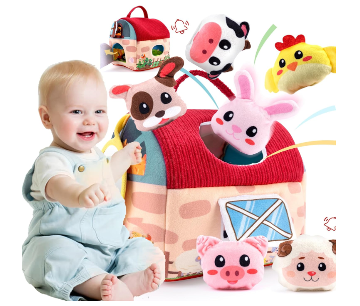 Baby Toys 6-12 Months -Mini Farm Animals Shape Sorter Toys with 6pc Stuffed Farm Animals Plush toy, Rattle, Crinkle Paper, Mirror - Busy Montessori Toy for Babies, Sensory Toys for Toddlers 1-3 Year