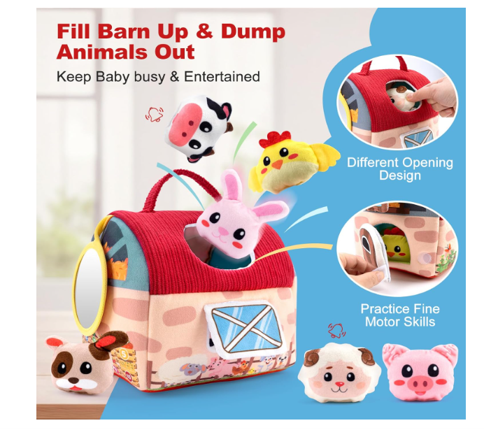 Baby Toys 6-12 Months -Mini Farm Animals Shape Sorter Toys with 6pc Stuffed Farm Animals Plush toy, Rattle, Crinkle Paper, Mirror - Busy Montessori Toy for Babies, Sensory Toys for Toddlers 1-3 Year