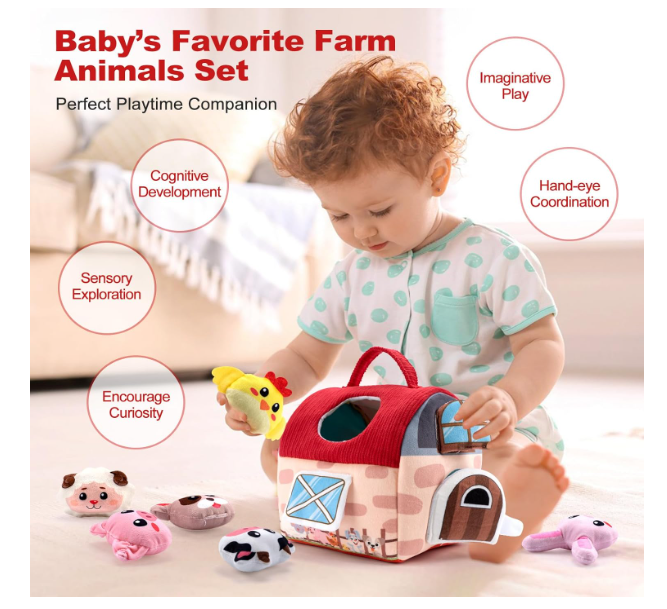 Baby Toys 6-12 Months -Mini Farm Animals Shape Sorter Toys with 6pc Stuffed Farm Animals Plush toy, Rattle, Crinkle Paper, Mirror - Busy Montessori Toy for Babies, Sensory Toys for Toddlers 1-3 Year