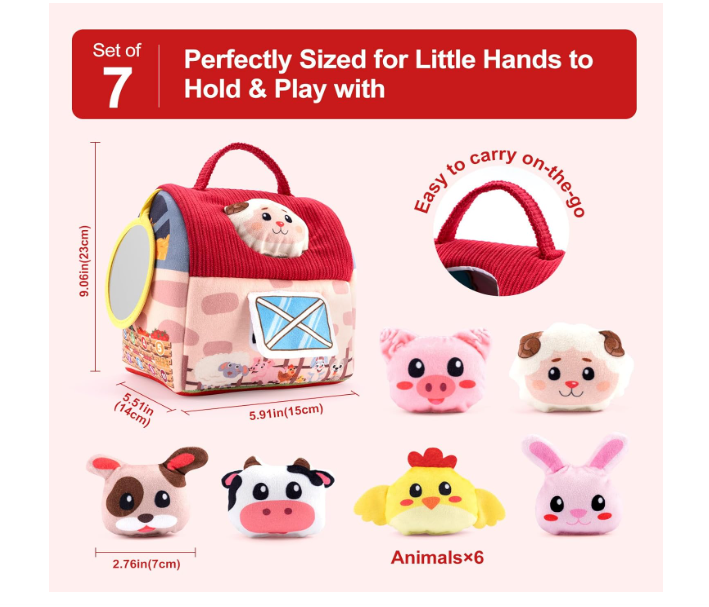 Baby Toys 6-12 Months -Mini Farm Animals Shape Sorter Toys with 6pc Stuffed Farm Animals Plush toy, Rattle, Crinkle Paper, Mirror - Busy Montessori Toy for Babies, Sensory Toys for Toddlers 1-3 Year