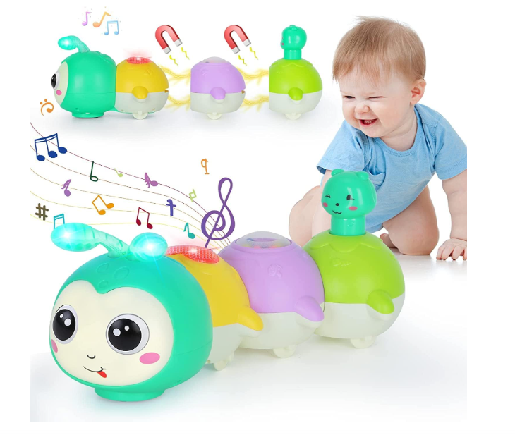 AM ANNA Baby Toys 0-6 Months, Crawling Caterpillar Tummy Time Toy with Magnetic Suction Music Light up, Sensory Learning Infant Toy for 6-12 Month Newborn Toddler 1 Year Old Girl Boy Baby Gifts