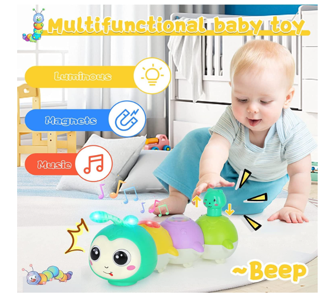 AM ANNA Baby Toys 0-6 Months, Crawling Caterpillar Tummy Time Toy with Magnetic Suction Music Light up, Sensory Learning Infant Toy for 6-12 Month Newborn Toddler 1 Year Old Girl Boy Baby Gifts