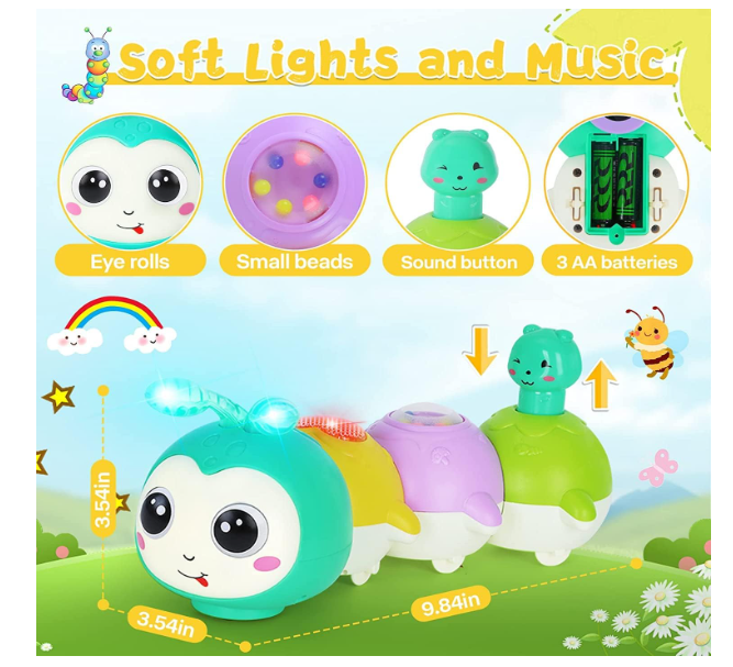 AM ANNA Baby Toys 0-6 Months, Crawling Caterpillar Tummy Time Toy with Magnetic Suction Music Light up, Sensory Learning Infant Toy for 6-12 Month Newborn Toddler 1 Year Old Girl Boy Baby Gifts