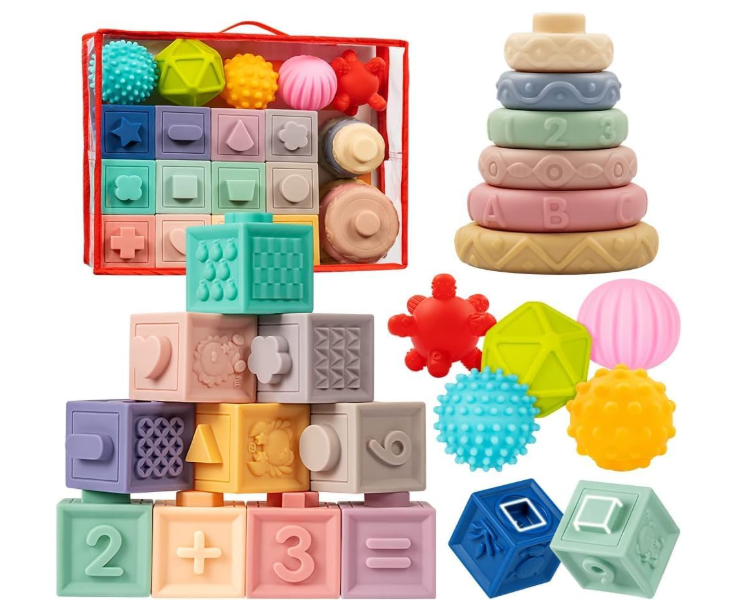 Moonmen 23 Pcs Montessori Toys for Babies 0-3-6-12 Months, 3 in 1 Soft Baby Teething Toys and Stacking Building Blocks for Sensory Developmental Education (23pcs)