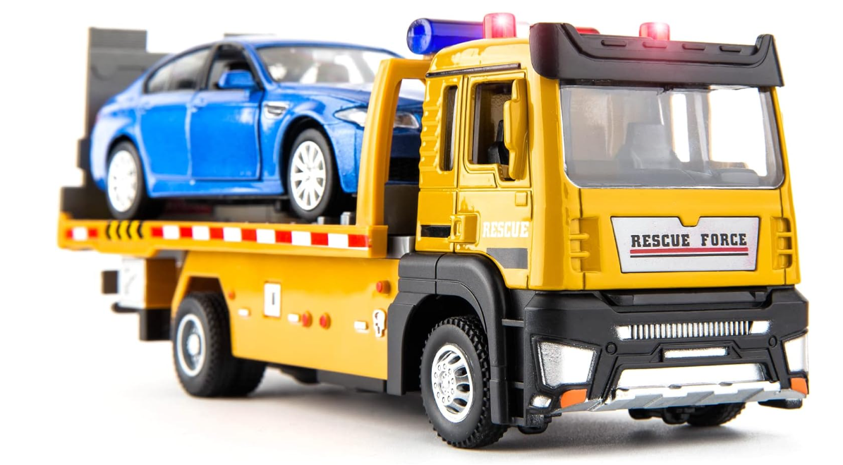 BDTCTK Friction Powered Flatbed Truck Toy with Lights and Sounds, Push and Go Construction Toy Tow Truck Great Gift for Toddlers, Boys and Girls