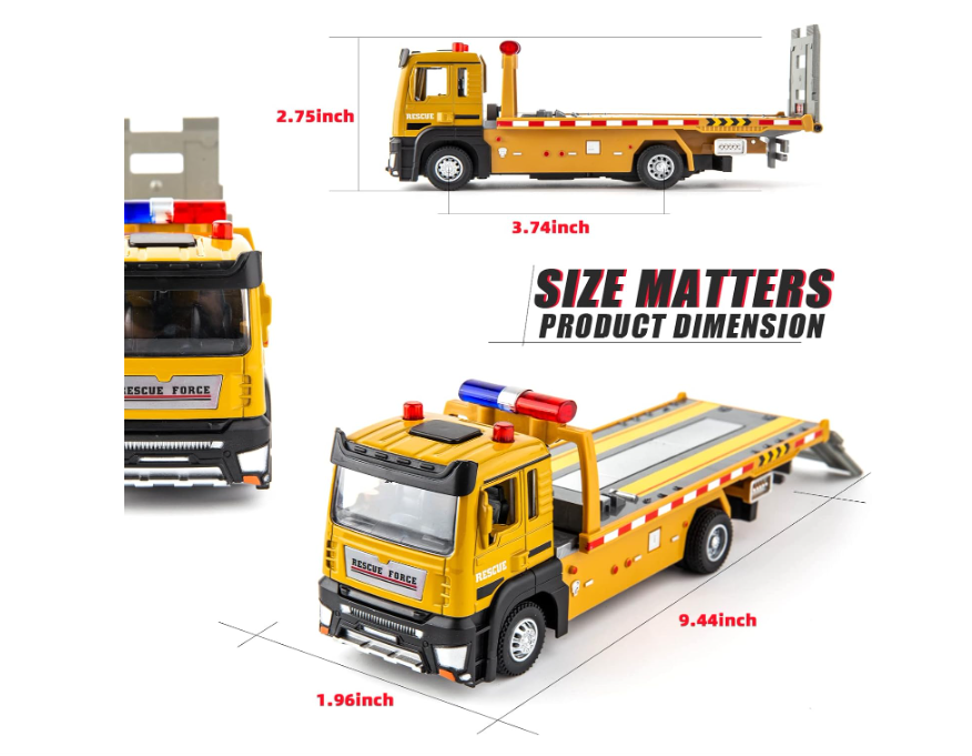 BDTCTK Friction Powered Flatbed Truck Toy with Lights and Sounds, Push and Go Construction Toy Tow Truck Great Gift for Toddlers, Boys and Girls