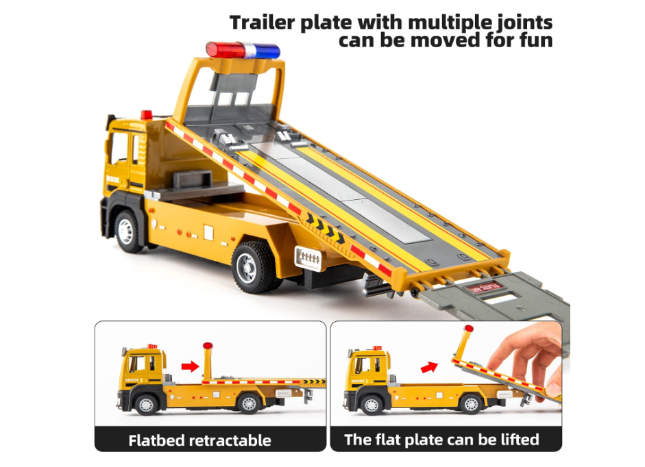 BDTCTK Friction Powered Flatbed Truck Toy with Lights and Sounds, Push and Go Construction Toy Tow Truck Great Gift for Toddlers, Boys and Girls