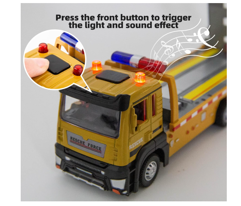 BDTCTK Friction Powered Flatbed Truck Toy with Lights and Sounds, Push and Go Construction Toy Tow Truck Great Gift for Toddlers, Boys and Girls