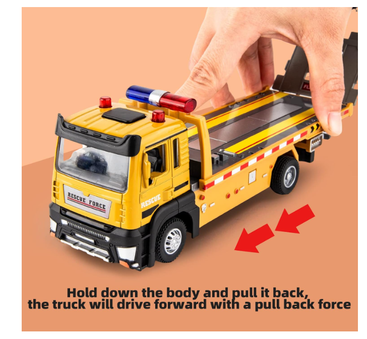 BDTCTK Friction Powered Flatbed Truck Toy with Lights and Sounds, Push and Go Construction Toy Tow Truck Great Gift for Toddlers, Boys and Girls