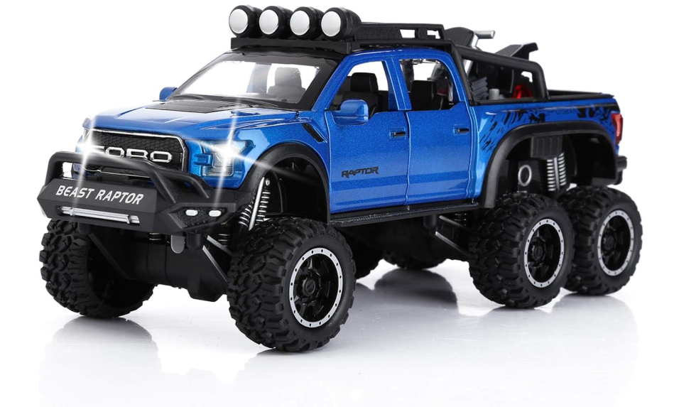 KASTWAVE F150 Pickup Truck Toys for Boys Age 3-8 Raptor Toy Trucks for Boy Ages 4-7 Diecast Metal Model Truck with Light and Sound Pull Back Toy Cars Gifts for 3+ Year Old Kids (Blue)