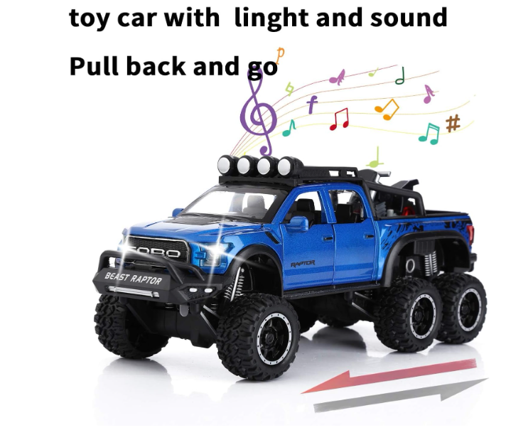 KASTWAVE F150 Pickup Truck Toys for Boys Age 3-8 Raptor Toy Trucks for Boy Ages 4-7 Diecast Metal Model Truck with Light and Sound Pull Back Toy Cars Gifts for 3+ Year Old Kids (Blue)