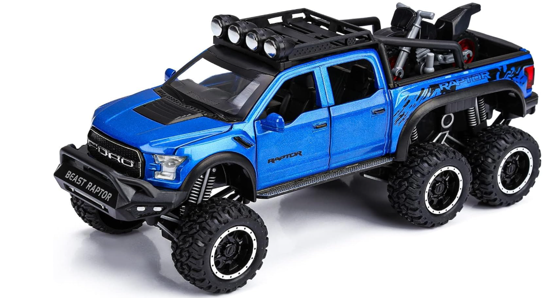 KASTWAVE F150 Pickup Truck Toys for Boys Age 3-8 Raptor Toy Trucks for Boy Ages 4-7 Diecast Metal Model Truck with Light and Sound Pull Back Toy Cars Gifts for 3+ Year Old Kids (Blue)