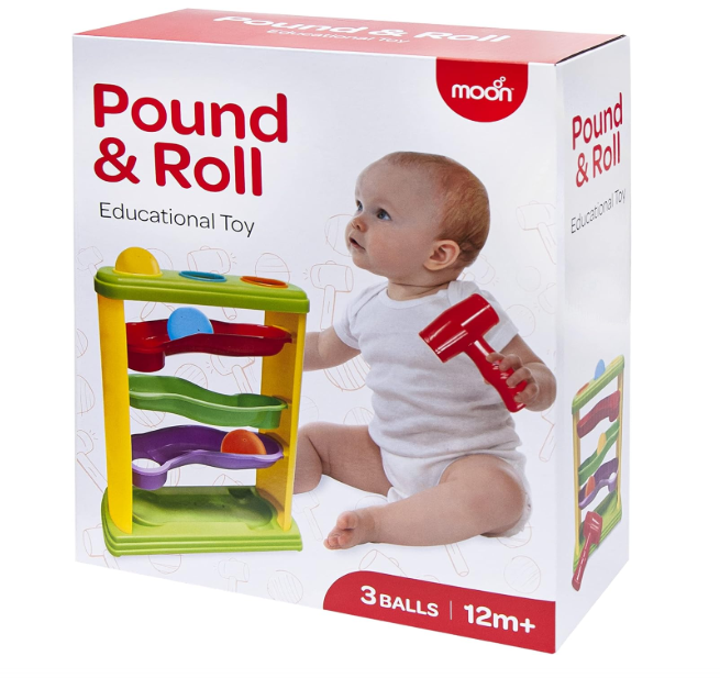 The Moon Brand Pound & Roll – Fine Motor Skills Developmental Hammer and Ball Baby Learning Toy – Multicolor Early Education Gift for Toddlers – Activity Pound 3 Balls Fun Ramp Tower for 12m+