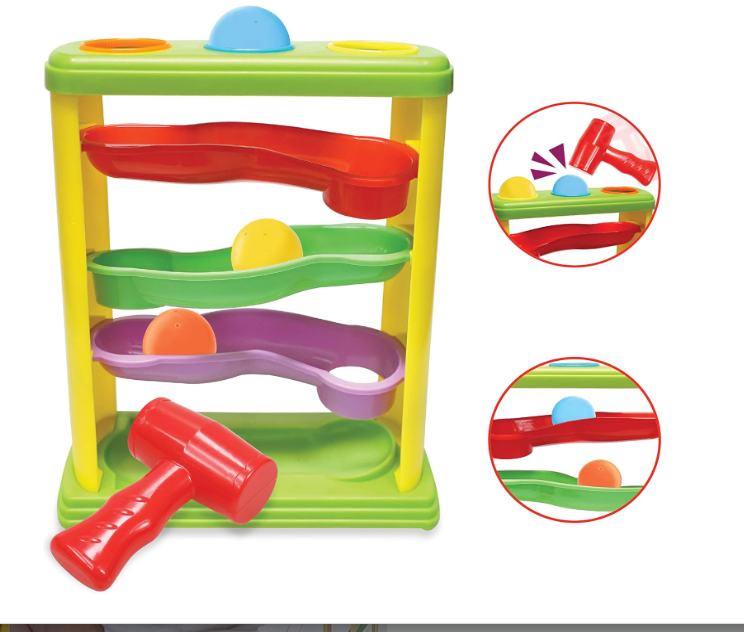 The Moon Brand Pound & Roll – Fine Motor Skills Developmental Hammer and Ball Baby Learning Toy – Multicolor Early Education Gift for Toddlers – Activity Pound 3 Balls Fun Ramp Tower for 12m+
