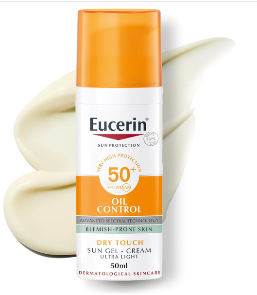 Eucerin Face Sunscreen Oil Control Gel-Cream Dry Touch, High UVA/UVB, SPF 50+, Light Texture Sun Protection, Suitable Under Make-Up, For Blemish-Prone Skin, 50ml
