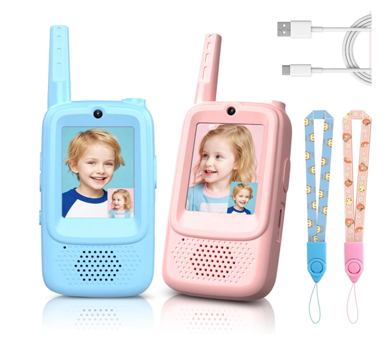 ESSEN Video Walkie Talkies Toys for Kids 2 Pack Rechargeable w/Screen Display,Voice Changer,Video Chat,Fun Toys for Indoor Outdoor Camping,Travel Birthday Gift Toy for Boys Girls Age 3-12 (Blue/Pink)