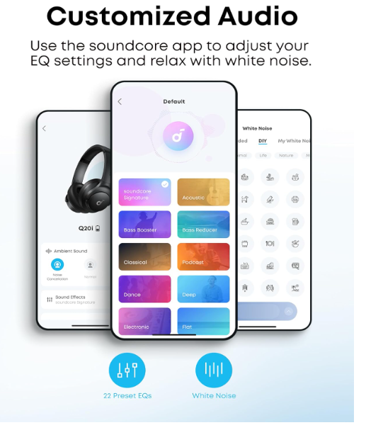 Soundcore by Anker Q20i Hybrid Active Noise Cancelling Headphones, Wireless Over-Ear Bluetooth, 40H Long ANC Playtime, Hi-Res Audio, Big Bass, Customize via an App, Transparency Mode