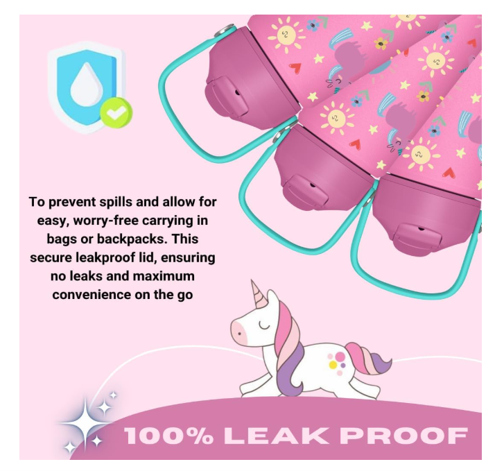 Lullaby Land 550ml Stainless Steel Kids Water Bottle – Unicorn Pink, BPA-Free