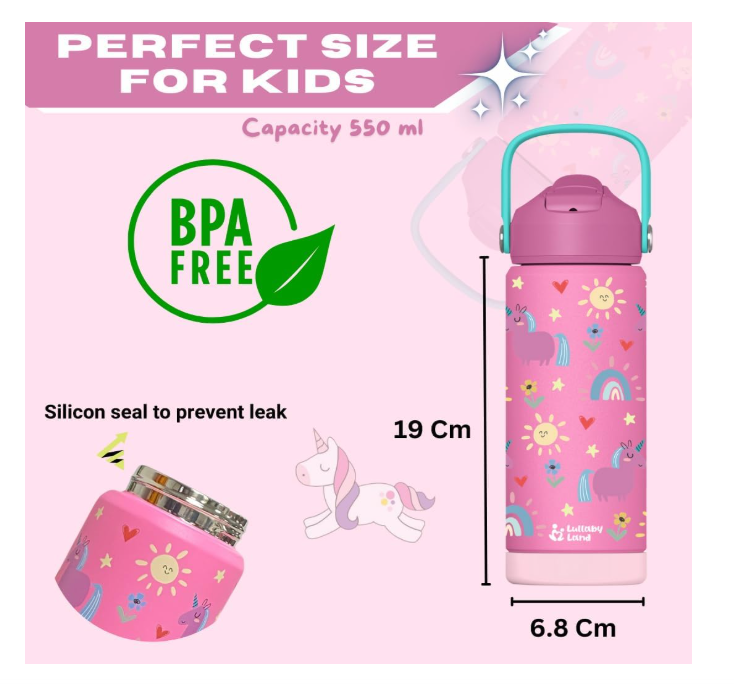 Lullaby Land 550ml Stainless Steel Kids Water Bottle – Unicorn Pink, BPA-Free