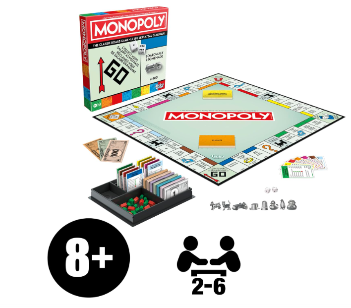 मोनोपोली गेम, 2 से 6 खिलाड़ियों के लिए पारिवारिक बोर्ड गेम, 8 वर्ष और उससे अधिक आयु के बच्चों के लिए बोर्ड गेम, 8 टोकन शामिल हैं