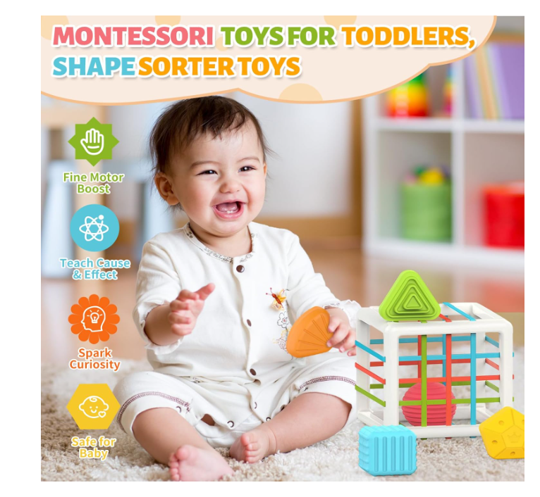 MINGKIDS Montessori Toys for 1 Year Old,Baby Sorter Toy Colorful Cube and 6 Pcs Multi Sensory Shape, Toddler Developmental Learning Toys Birthday Gifts,Baby Toys 6-12-18 Months