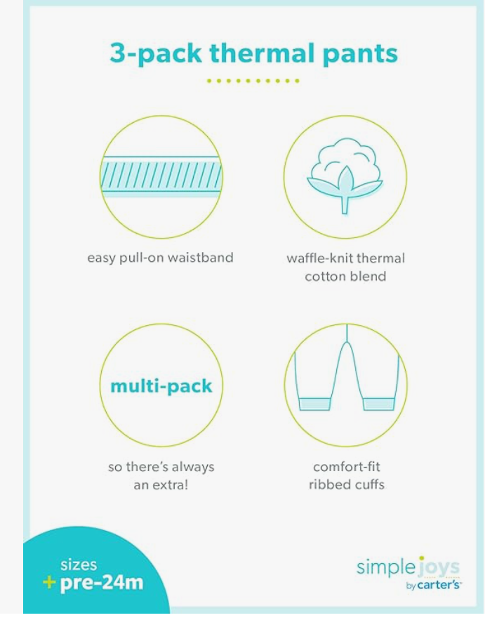 سراويل حرارية للأطفال من سيمبل جويز باي كارترز، للجنسين، عبوة من 3 قطع