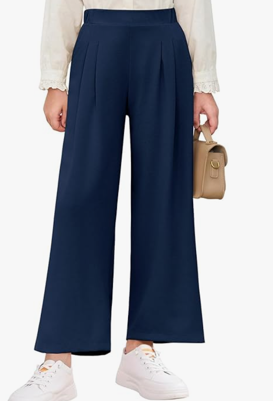 Haloumoning Girls High Waisted Uniform Pants Kids Wide Leg Dress Pants Casual Trousers with Pockets 5-14 Years