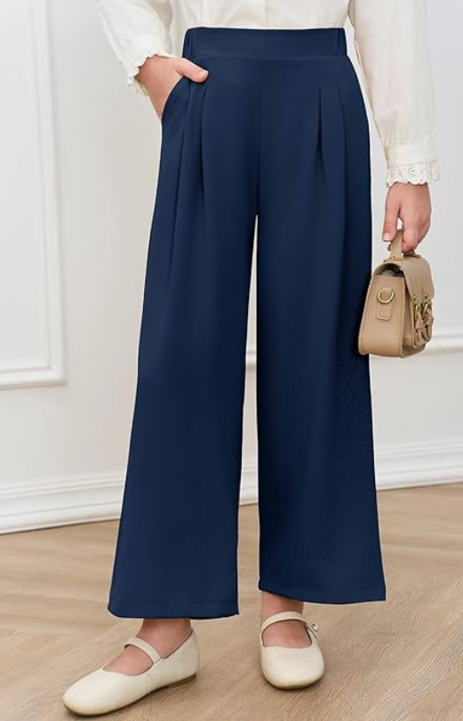 Haloumoning Girls High Waisted Uniform Pants Kids Wide Leg Dress Pants Casual Trousers with Pockets 5-14 Years