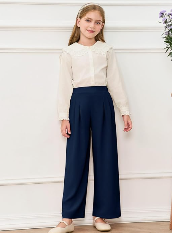 Haloumoning Girls High Waisted Uniform Pants Kids Wide Leg Dress Pants Casual Trousers with Pockets 5-14 Years